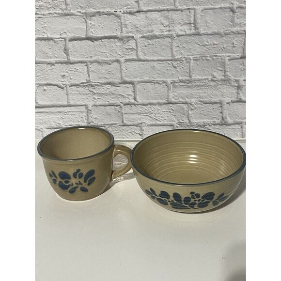 Pfaltzgraff Folk Art Stoneware Bowl Tan Blue Floral Primitive Country 6.25” - Picture 7 of 15